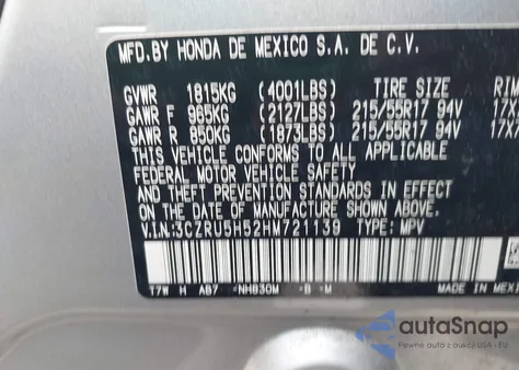 2017 Honda Hr-V Ex из США, поврежденный, VIN 3CZRU5H52HM721139